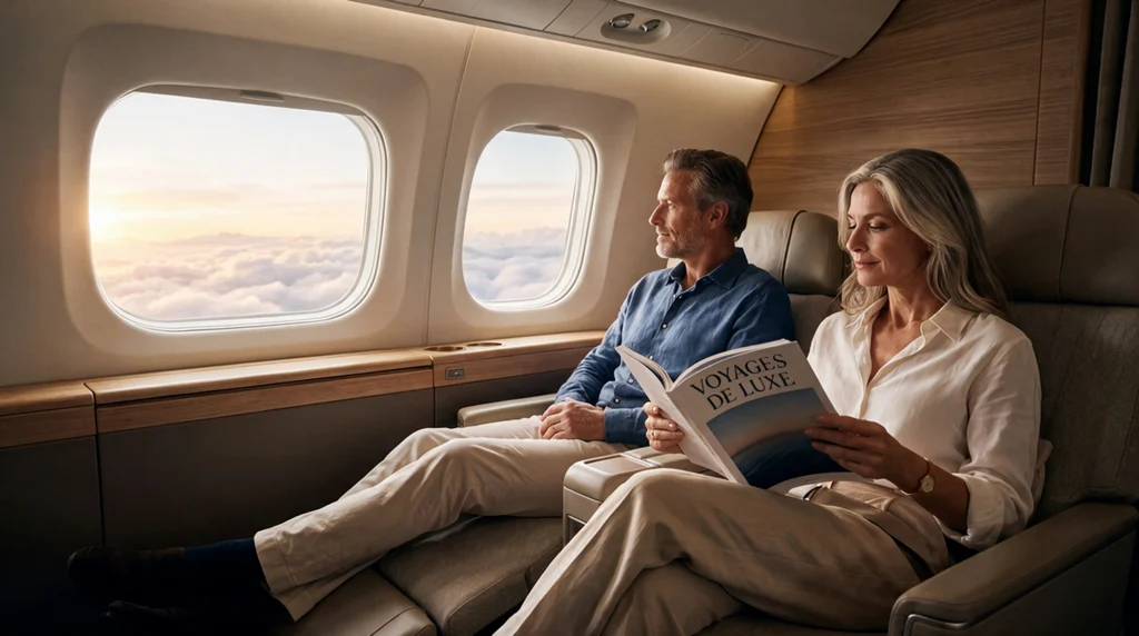 Couple voyageant dans une cabine haut de gamme, illustrant l’importance d’un itinéraire aérien pensé pour voyager sereinement.