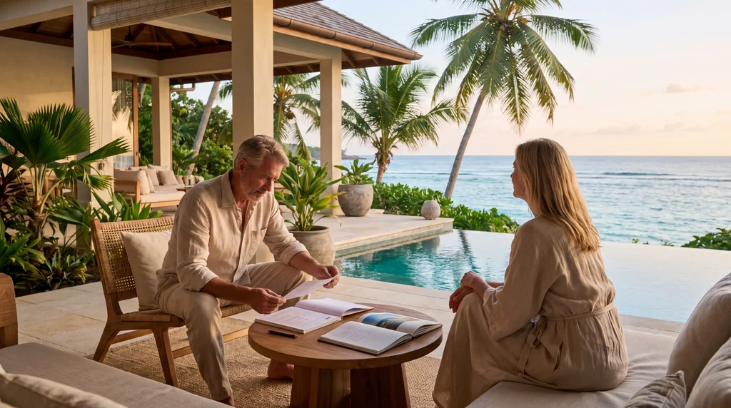 Couple dans une villa de luxe avec piscine privée dans l’océan Indien