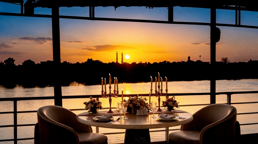 Table dressée pour deux au bord du Nil au coucher du soleil en Égypte