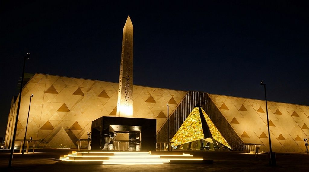 Grand Egyptian Museum de nuit au Caire, éclairé après les heures d’ouverture