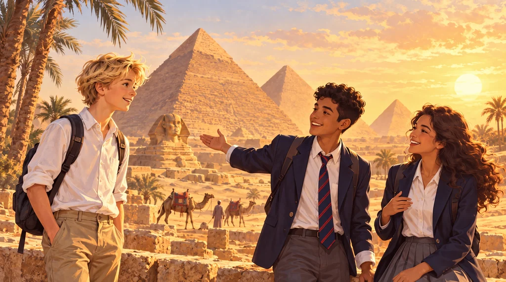 Illustration évoquant Philippe Charneau adolescent en Égypte avec des lycéens du Lycée français du Caire devant les pyramides de Gizeh