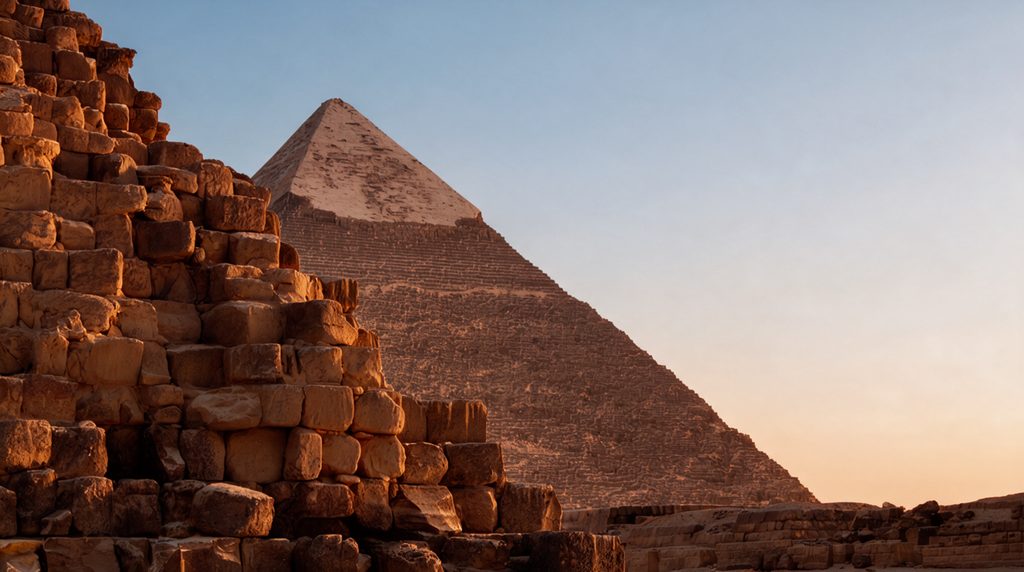 Pyramides de Gizeh en fin de journée, sans foule, sur le plateau de Gizeh