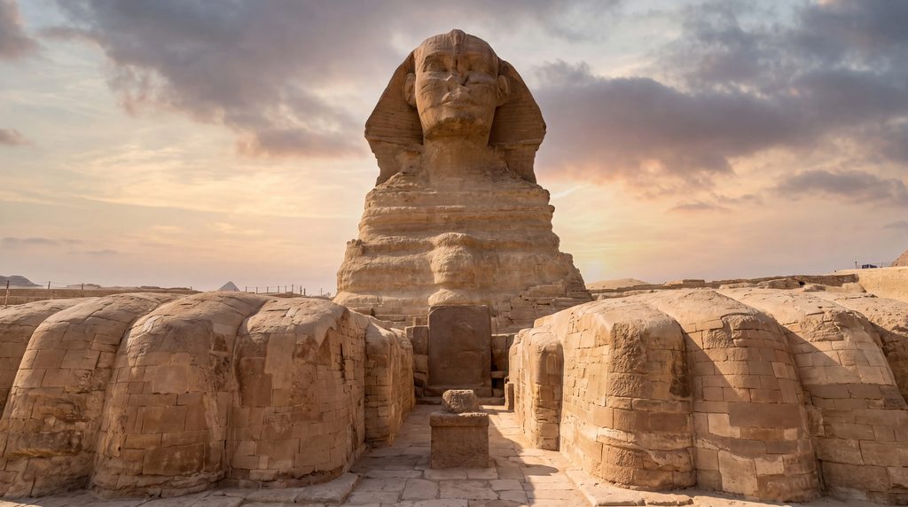 Grand Sphinx de Gizeh vu au plus près, avec ses pattes au premier plan