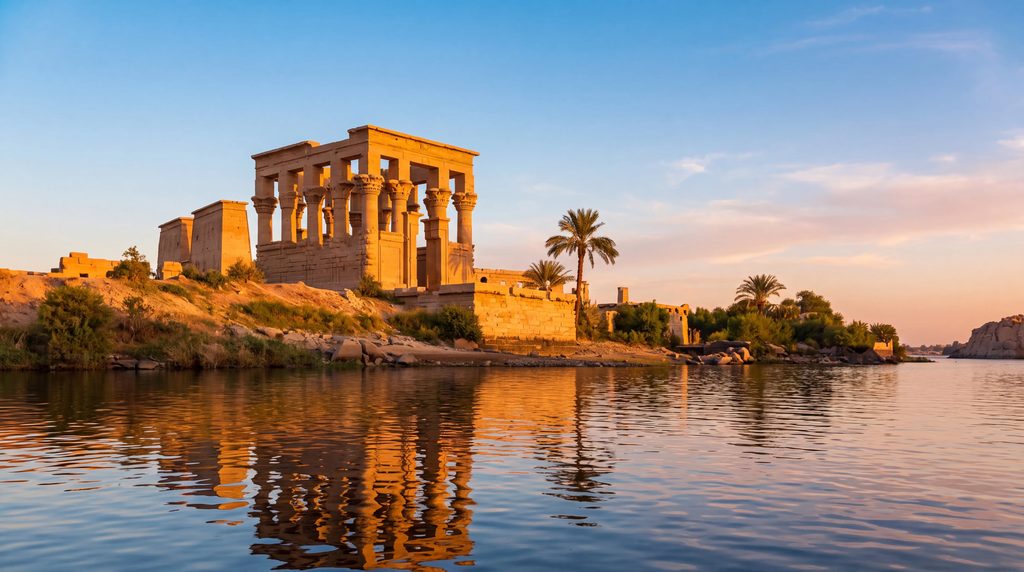 Temple de Philae sur l’île d’Agilkia à Assouan, dans la lumière de fin de journée